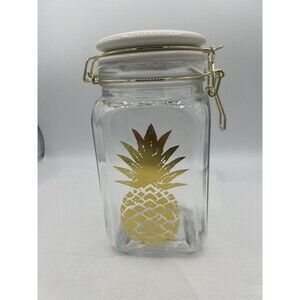 Gold Foil Pineapple Clear Glass Canister Jar 8" tall~White CeramicLid Decor  X17